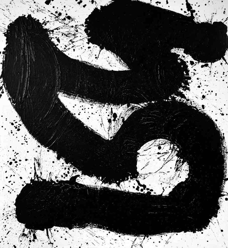 Cosmic Syntax 106 von Oliver Schibli, abstraktes Gemälde mit kräftigen schwarzen Gesten auf Weiss